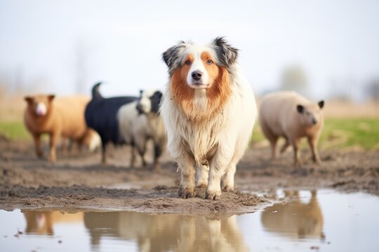 english shepherd with pigs in a mud puddle