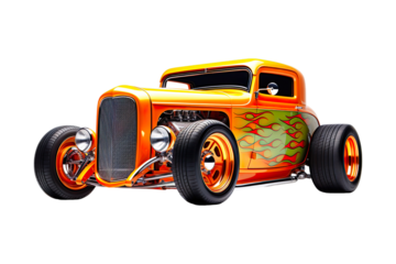 Side view of a Hot Rod: Flame orange dents from the accident isolated on transparent background.