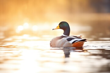 Fototapeta premium duck silhouette on still water with sun flare