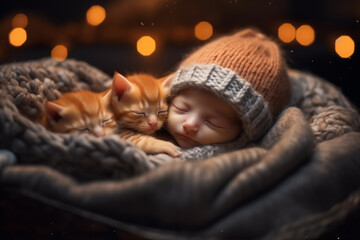 Little cute little baby sleeping peacefully with little baby cats - obrazy, fototapety, plakaty