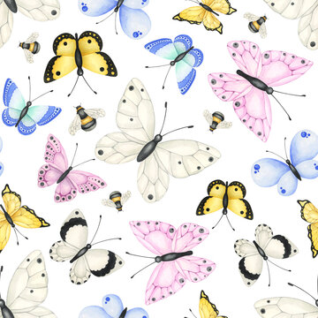 Seamless pattern of delicate spring butterflies on a white background. Endless pattern of watercolor butterflies. Spring background. Summer wallpaper