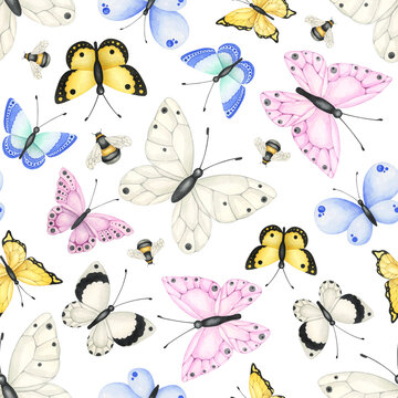 Seamless pattern of delicate spring butterflies on a transparent background. Endless pattern of watercolor butterflies. Spring background. Summer wallpaper