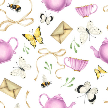 Watercolor seamless tea party pattern with vintage dishes. Delicate kitchen pattern on a transparent background. Pink teapot, tea cups, envelopes, ribbons and butterflies. 