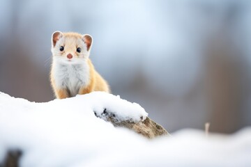 ermine perched atop a snow-covered rock - obrazy, fototapety, plakaty
