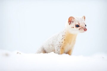 ermine camouflaged against white snow background