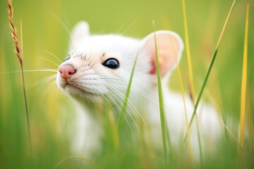 close-up of ermine face in green grass