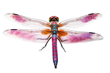 Top side closeup macro view of beautiful dragonfly isolated on white background PNG
