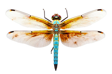 Top side closeup macro view of beautiful dragonfly isolated on white background PNG - obrazy, fototapety, plakaty