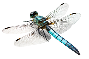 Top side closeup macro view of beautiful dragonfly isolated on white background PNG