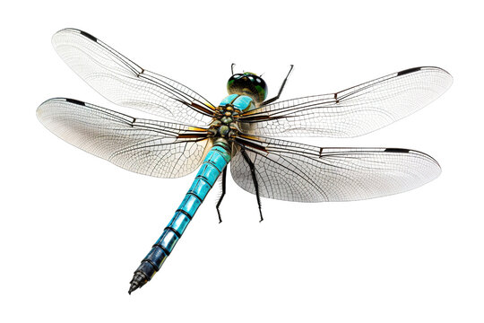 Top side closeup macro view of beautiful dragonfly isolated on white background PNG