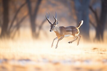 backlit gazelle leaping, sun creating halo effect
