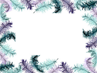 Hand drawn watercolor Mardi Gras carnival symbols. Bird feather quill plumage, emerald mint green purple violet. Horizontal frame isolated on white background. Design for party invitation, print, shop