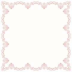 Fototapeta na wymiar Classic pink vintage square frame with arabesques and orient elements. Abstract ornament with place for text. Vintage pattern