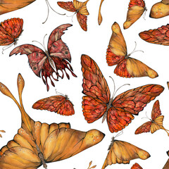 Hand drawn watercolor illustration butterfly fairy wings gem crystal insect moth. Amber garnet sunstone agate ruby. Seamless pattern isolated on white background. Design print, shop, wedding, package - obrazy, fototapety, plakaty