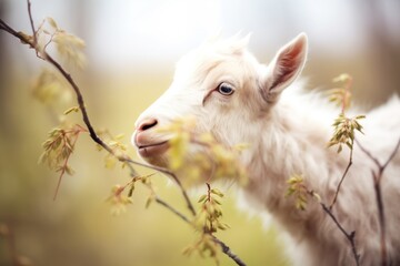 Obraz premium fluffy goat nibbling bush branches in springtime