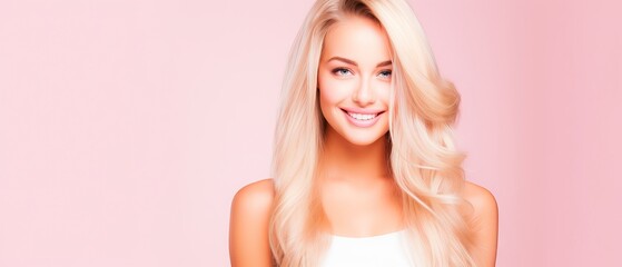 Obraz premium Blonde hair care products banner template with smiling young woman and copy space on pastel flat background
