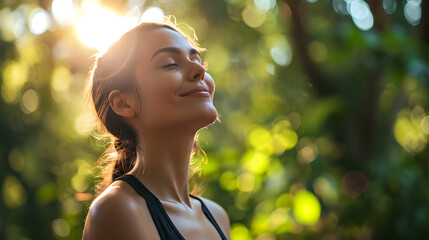 Portrait of beautiful young woman with closed eyes relaxing and breathing fresh air at outdoors park in the morning, Healthy wellness, Healthcare lifestyle, Life balance Concept - obrazy, fototapety, plakaty