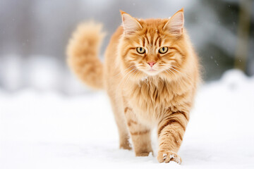 Red cat walks gracefully through snowy meadow against forest. Calm cat moves with certain poise among tranquil winter landscape alone