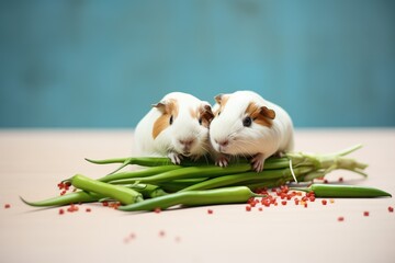 guinea pigs eating green beans together