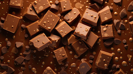 A playful milk chocolate background with chocolate chunks and chips scattered across, giving a sense of fun and sweetness Ai Generative - obrazy, fototapety, plakaty