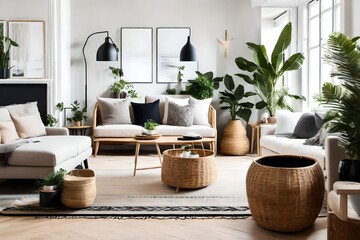 Scandinavian-inspired home interior, specifically focusing on a bright living room with exquisite design elements. - obrazy, fototapety, plakaty