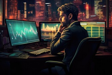 Trading. A trader sits at a computer. Market chart. Exchange trading. 