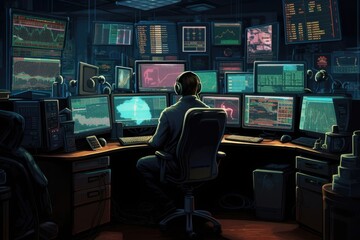 Trading. A trader sits at a computer. Market chart. Exchange trading.  - obrazy, fototapety, plakaty