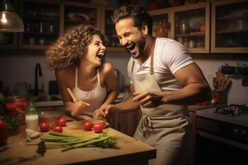 Couple having fun in the kitchen. Couple man and woman in the kitchen. 