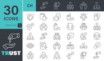 Trust Icons set. 30 editable stroke vector graphic elements, confidence, credibility, promise, trustworthy, friends, truth, faith, sincerity and hones