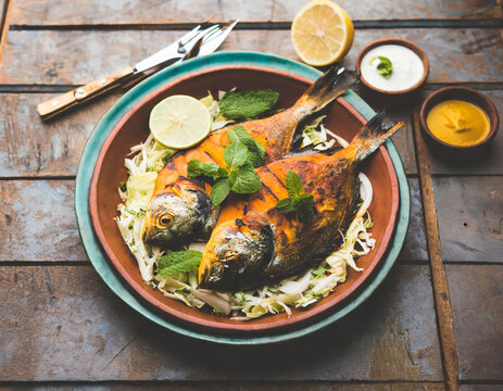 Tandoori Pomfret fish cooked in a clay oven and garnished with lemon , mint, cabbage and carrot salad
