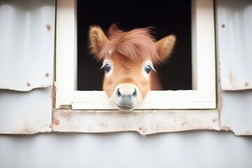 shetland pony peeking from a low stable window - obrazy, fototapety, plakaty