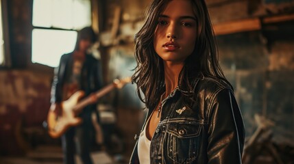 Rock band with a compelling female lead in denim, exuding confidence and raw musical talent, perfect for music and lifestyle editorials.