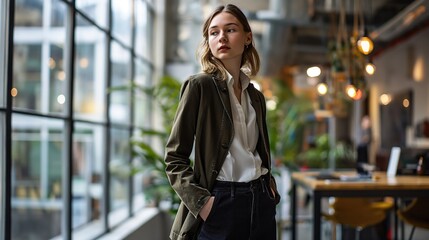 Fototapeta premium Confident businesswoman in a casual office, her modern attire and poise perfect for themes of entrepreneurship and professional lifestyle.