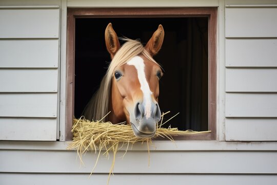horse with straw in mouth by a shuttered window