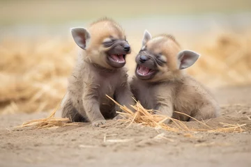 Fotobehang hyena pups playing and laughing together © primopiano