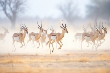 impala herd running, dust clouds rising from hooves