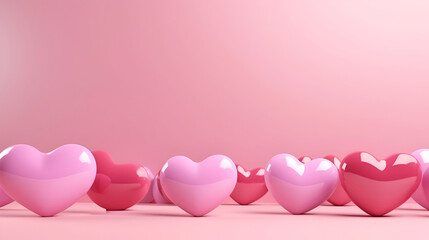 Festive Valentine's Day background with voluminous shiny pink hearts frame a frame for text on a pastel pink background. Valentine's Day. Copy space