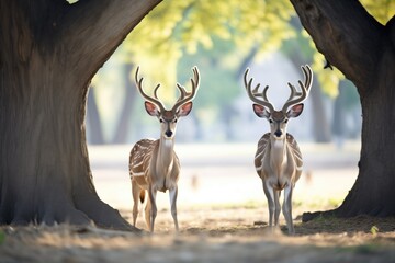 two kudus under a shady tree