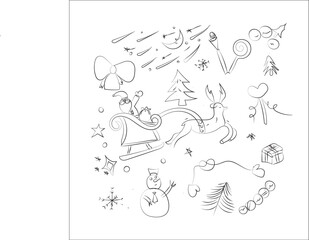 Winter doodles - a Christmas tree, a garland, gifts, Christmas balls, twigs, a warm hat, socks
