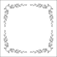 Vegetal floral frame with tropical leaves and flowers, decorative corners for greeting cards, banners, business cards, invitations, menus. Isolated vector illustration.	
