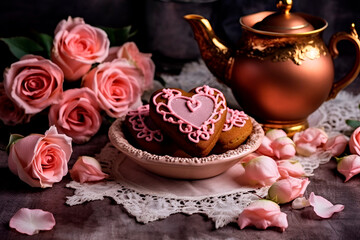 Tea in tin teapot with heart-shaped gingerbread and bouquet of roses for Valentine's Day. Dark Key. Congratulations