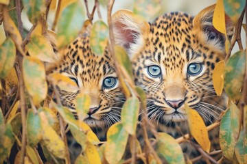 close-up of leopards face peering from leaves