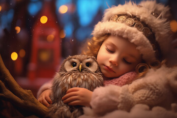 Little cute girl with a wool hat sleeps together with an owl in a cozy nest