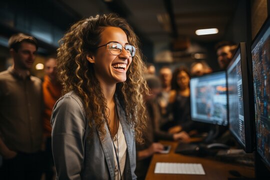 Female system engineer leading a discussion on cloud computing strategies with her diverse team of colleagues, Generative AI