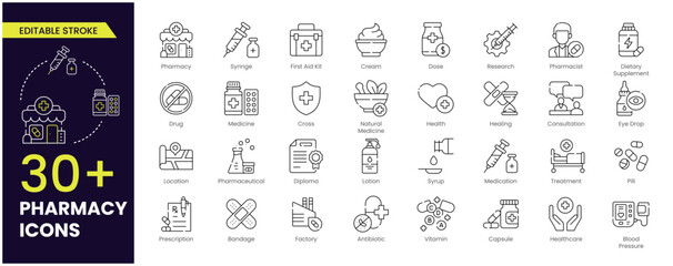 Pharmacy Stroke icon set. Medicine, bandage, medication, prescription, treatment, health, and syringe symbol. outline icons vector collection. Editable Stroke.