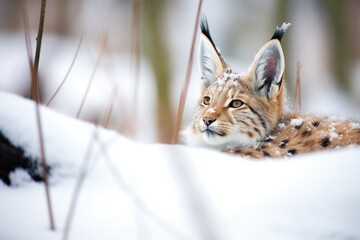 lynx resting under snow-covered fir branches