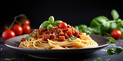 Perfect pasta bolognese with tomatoes on the side copy space 