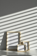 white background with shadows, plain wooden frame, light and shadows - obrazy, fototapety, plakaty
