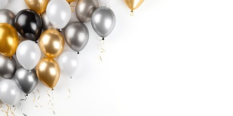 Silver-golden balloons on white background copy space 