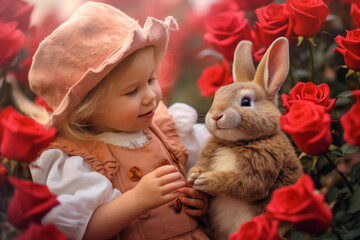 Little cute girl with a bunny between red roses